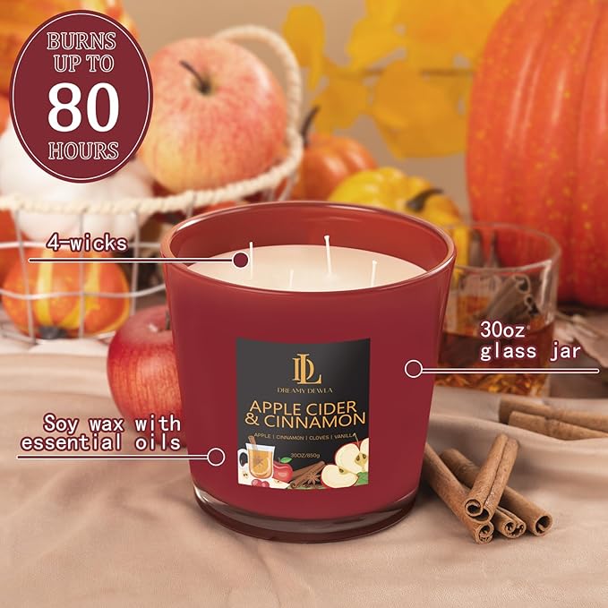 Large Fall Candle Apple Cider & Cinnamon Scented, 4 Wick Natural Soy Candles for Home Scented, 30oz Big Autumn Candle Long Lasting, Home Aromatherapy Candles Housewarming Gift for Women Men