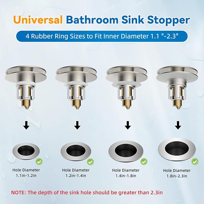 iFealClear Universal Bathroom Sink Stopper, Metal Pop Up Sink Drain Strainer with Hair Catcher Basket, Fit 1.1"-2.36" US Basin, Wash Basin Drain Plug, Big Cover Cap, Brass Bounce Core, Brushed Nickel