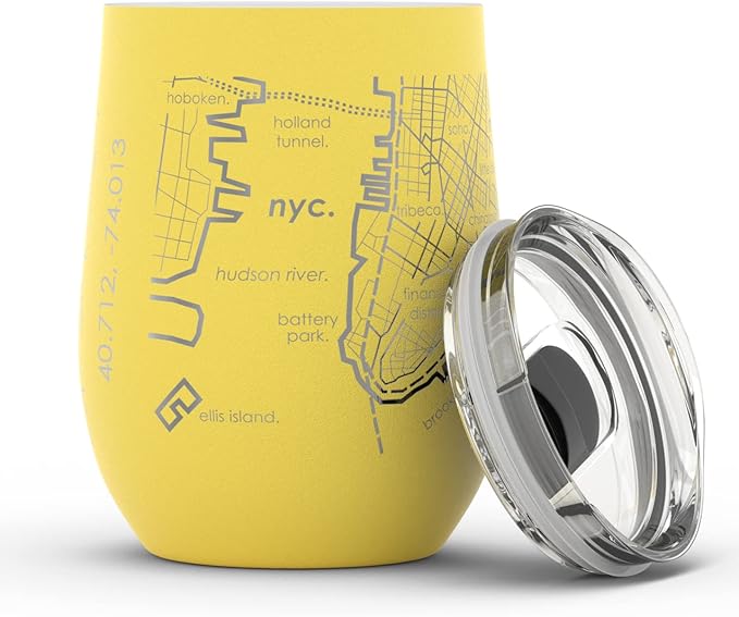 Well Told Engraved New York City Map Insulated Wine Tumbler, Etched Stainless Steel Cup (12 oz, Sunrise Yellow) City Map Insulated Tumbler, Custom Insulated Tumbler, Outdoor Drinkware