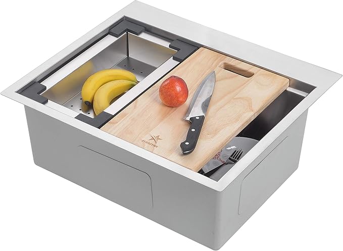 STARSTAR Workstation Ledge Topmount/Drop-in Single Bowl 304 Stainless Steel Kitchen/Yard/Bar/Laundry/Office Sink, With Grid, Colander, Cutting Board, Strainer (21 x 20 x 10-Black Colander)