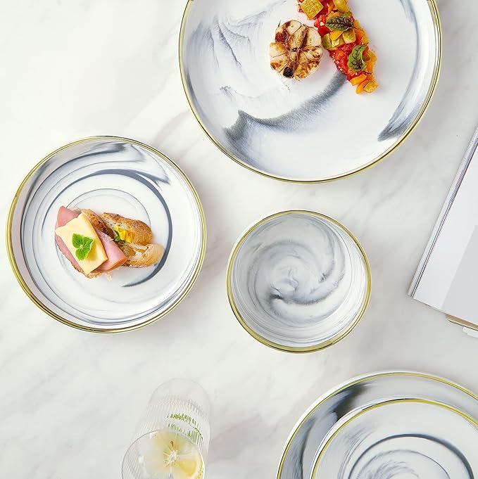 Marble Gold Rim Dinnerware Sets, Porcelain Plates and Bowls Sets, Modern Luxury Dish Set for 4, White Grey China Dinner Set for Special Occasions, Hand Wash Quickly
