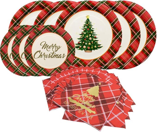 Gatherfun Christmas Party Supplies Christmas Tree Red Plaid Disposable Paper Dinner Plates Dessert Plates and Napkins for Party decorations, Serve 50