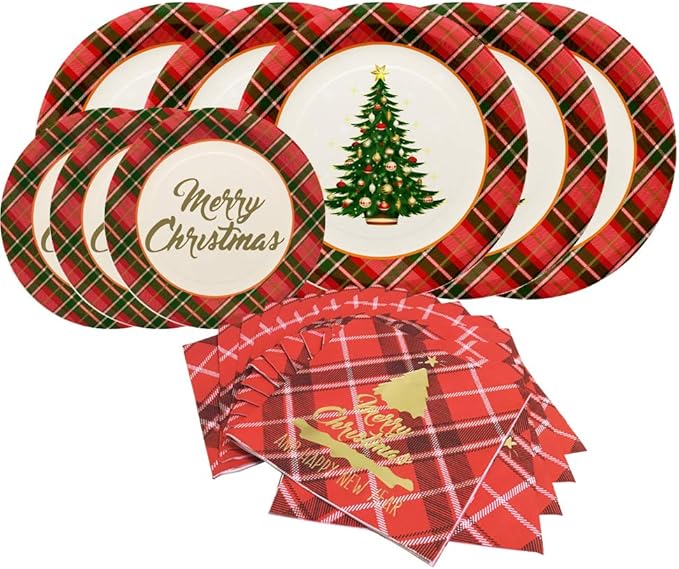 Gatherfun Christmas Party Supplies Christmas Tree Red Plaid Disposable Paper Dinner Plates Dessert Plates and Napkins for Party, Serve 20