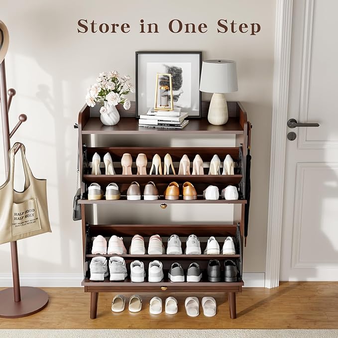 Shoe Storage Cabinet with 2 Flip Drawers & Adjustable Shelves,Narrow Shoe Cabinet Storage with Doors Side Hooks Wooden Shoe Rack Cabinet for Entryway,Hallway,Rustic Brown