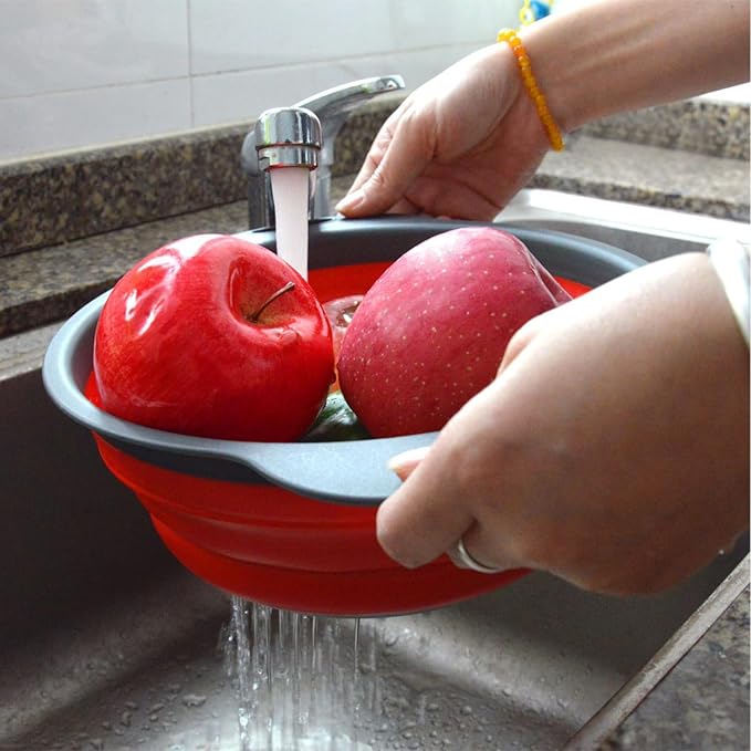 Collapsible Colander, Set of 2 Pcs Collapsible Strainer, Space-Saving Kitchen, Food-Grade Silicone Folding Strainer Colander with Handle, Red