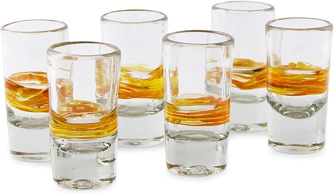 NOVICA Artisan Crafted Yellow Spiral Clear Recycled Tequila Shot Glasses, 2 Oz. 'Ribbon Of Sunshine' (Set Of 6)