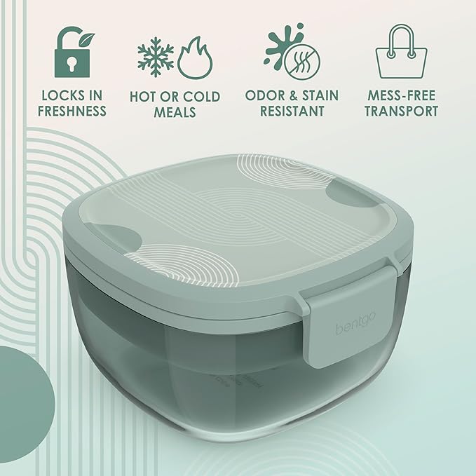 Bentgo Glass Prints All-in-One Salad Container - 61oz Tinted Glass Salad Bowl with Lid, Bento-Style Tray, Sauce Container, & Reusable Fork - Dishwasher & Microwave Safe (Mod Curve - Serene Green)