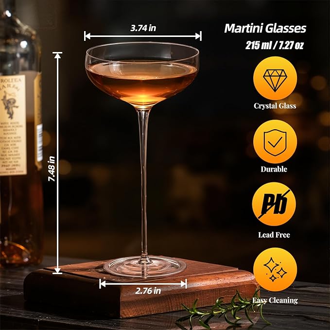 KAMMAK Martini Glasses Set of 2, 7.27 oz Clear Crystal Cocktail Glasses with Stem, Reusable Cocktail Glassware for Wedding Birthday Party, Bar, Margarita, Whiskey, Gin, Tequila, Ice Cream
