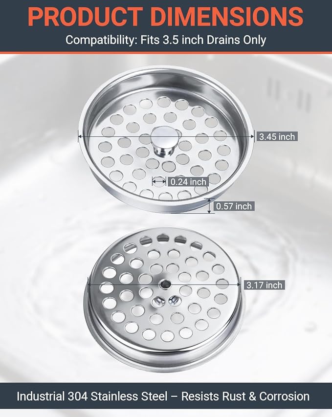 3-1/2 Inch Commercial Sink Strainer - 304 Stainless Steel Clog-Free Drain Cover, Precision Fit for 3.5" Drains & 3 Compartment Sinks, Heavy-Duty for High-Volume Kitchens