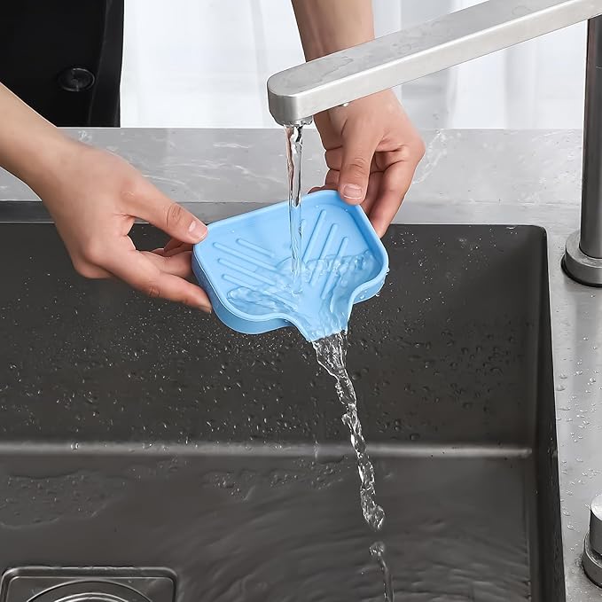 Silicone Bathroom Soap Dishes with Drain Spout-Bathroom and Kitchen Sink Organizer,Sponge Holder,Dish Soap Tray,Perfect for Dispenser,Scrubber,Bottle on Sink or Counter-Light Blue 4.9"×3.2"