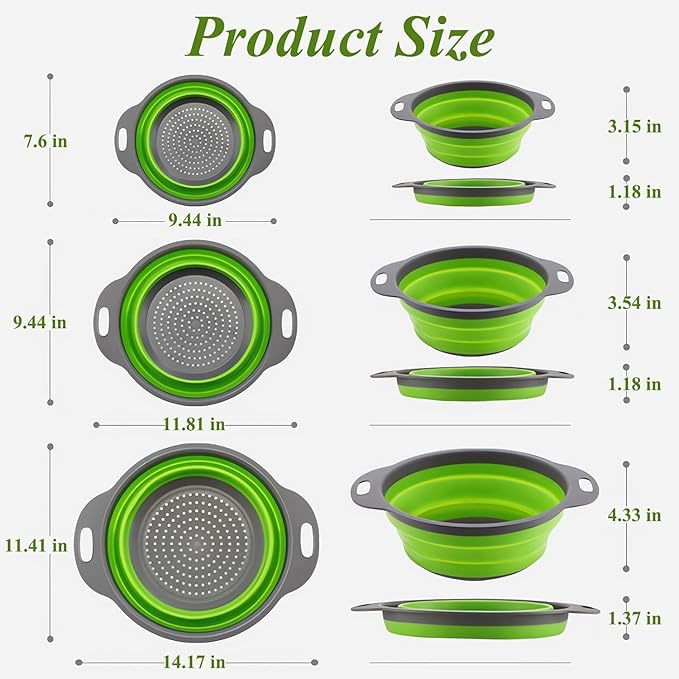 Collapsible Colander Set,Premium Food Grade Silicone Folding Strainers with Handles Space Saving Colanders for Draining Pasta,Vegetables & Fruits,Ideal for Kitchen & Travel (3pc)