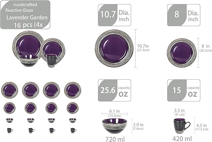 16 Piece Dinnerware Set, Ceramic Plates and Bowls Sets for 4, Microwave and Dishwasher Safe, Handcrafted Tree Bark Series Dish Set, Lavender/Purple