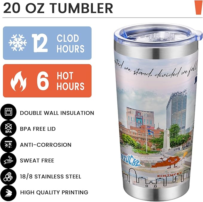 20oz Insulated Tumbler Kentucky State Coffee Mug, United States Map Travel Mug Landmark, Birthday Gifts Cute Custom Tumbler Cups with Lid and Straw Mothers Day Gifts
