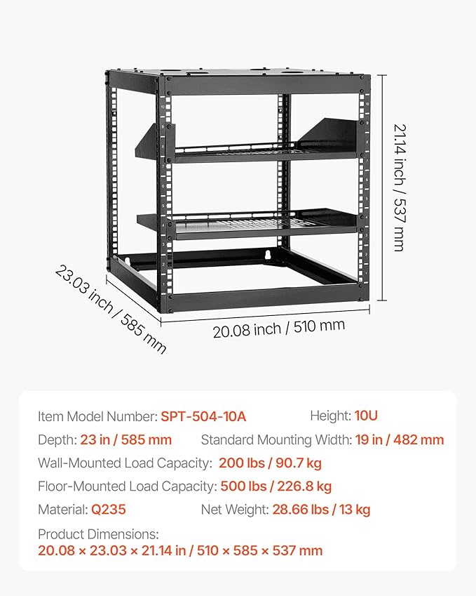VEVOR 10U Server Rack, Open Frame Network Rack,4-Post Floor Standing or Wall Mounted, Includes 2PCS Vented 1U Rack Shelves & Mounting Hardware, Computer Wall Rack for 19" IT/AV Equipment