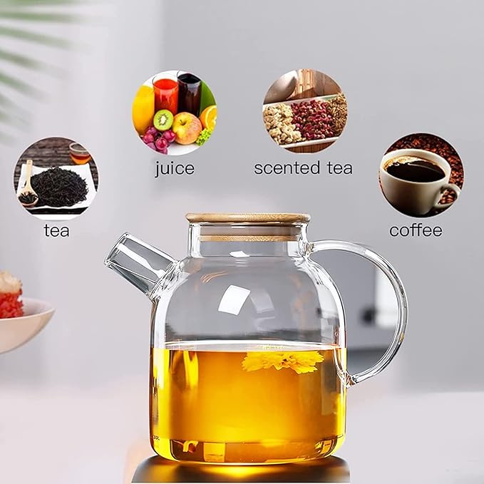 Glass Tea Pot Kettles Stovetop Safe, 50.7oz/1500mL Heatproof Borosilicate Glass Teapot Water Pitcher With Bamboo Lid and Removable Filter Spout for Loose Leaf and Blooming Tea