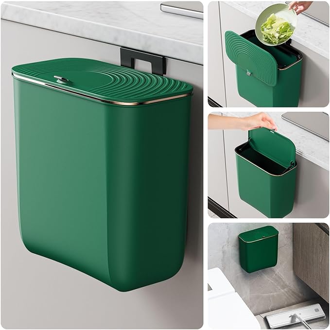 2.4 Gallon Hanging Trash Can - Small Under Sink Trash Can with Lid, Wall Mounted Compost Bin for Kitchen Cupboard Countertop, Odor-Control, Extended Clamping Ring, PET Material, Green