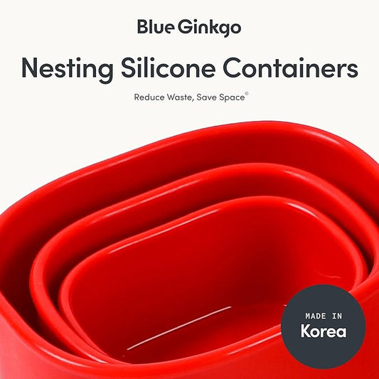 BLUE GINKGO Nesting Silicone Containers - Set of 3 Hard-Shell Silicone Food Storage Containers | BPA Free, Airtight, Dishwasher and Freezer Safe (6.7oz, 10oz, 20oz) - Red