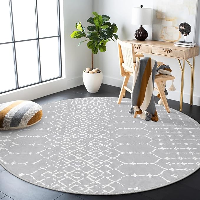 Lahome Moroccan 5Ft Round Rug - Machine Washable Round Bedroom Carpet Grey Non-Slip Throw Circle Rugs for Living Room Low-Pile Large Round Rug, Modern Geometric Print Carpet for Office Dining Room