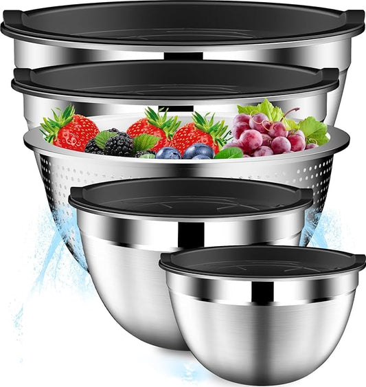 Mixing Bowls with Lids Set, Stainless Steel Mixing Bowls with Colander, Strainer with Mixing Bowl Set, Kitchen Gadgets Bowl Christams Gift, Size 4.5, 2.5, 2, 1.5QT - Black