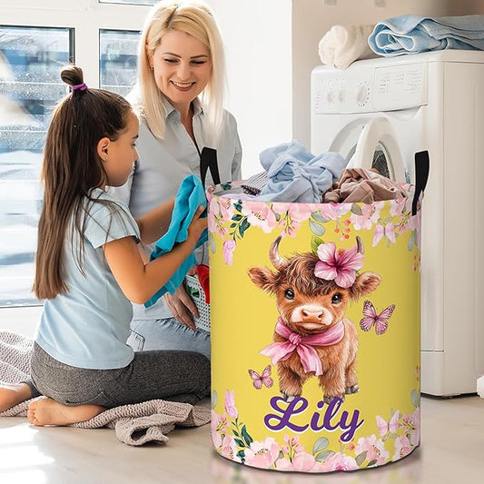 callie Personalized Highland Cow Laundry Basket for Kids Girls, Waterproof Collapsible Laundry Hamper, Clothes Toys Storage Bin for Bedroom (13.8" x 16.5", 15.7" x 19.6")