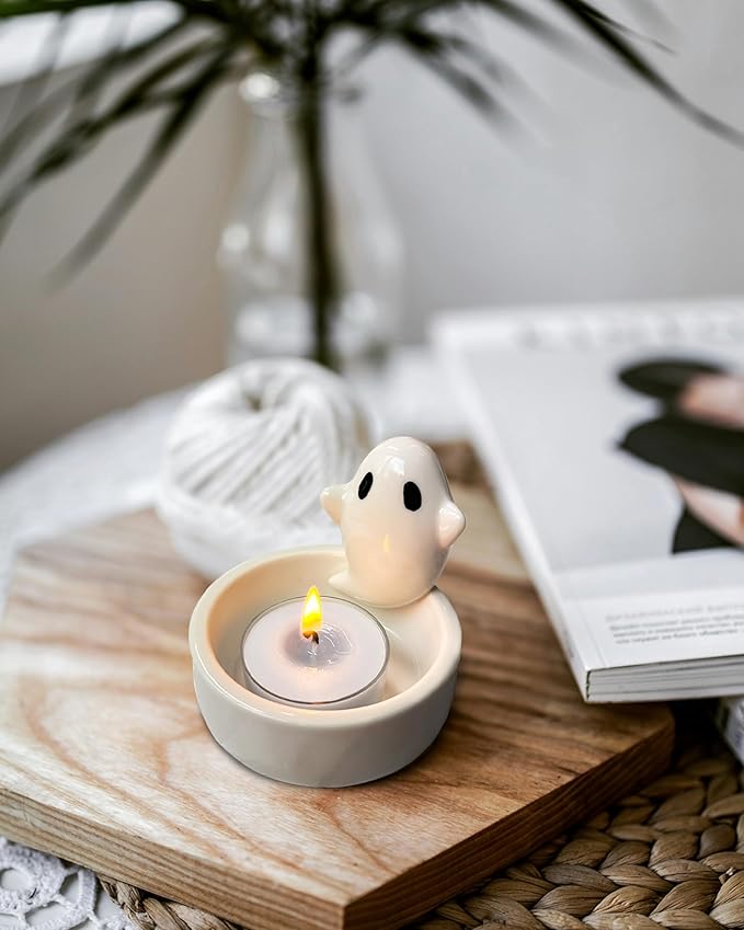 Ghost Candle Holder with Tea Light Candle, Cute Ceramic Ghost Tea Light Candle Holders, Handmade Candlestick, Halloween Decor, Gift for Girls Lovers Women, Scented Candle Included