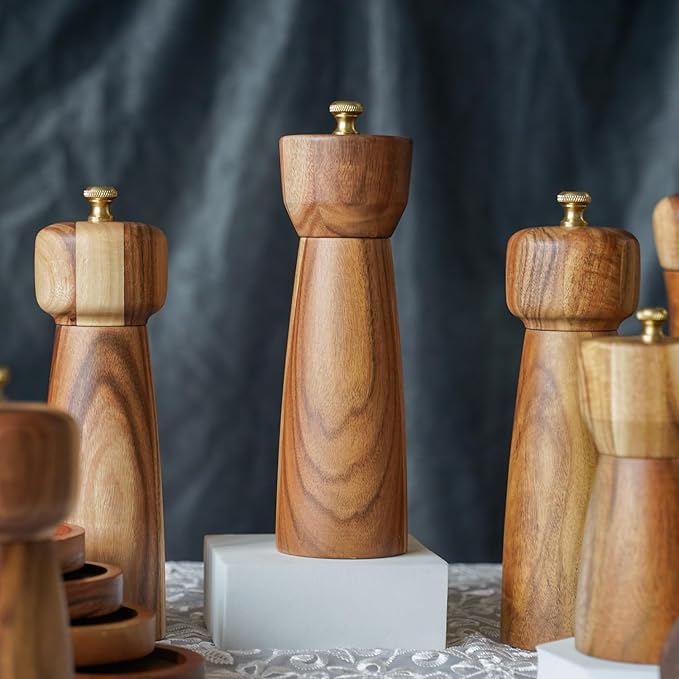 Pepper Grinder, Pepper Mill with Adjustable Stainless Steel, Acacia Wood, 20.5 cm/8 inch Height, Bottom Dia: 6 cm/2.36 inch (Tray is NOT Included)