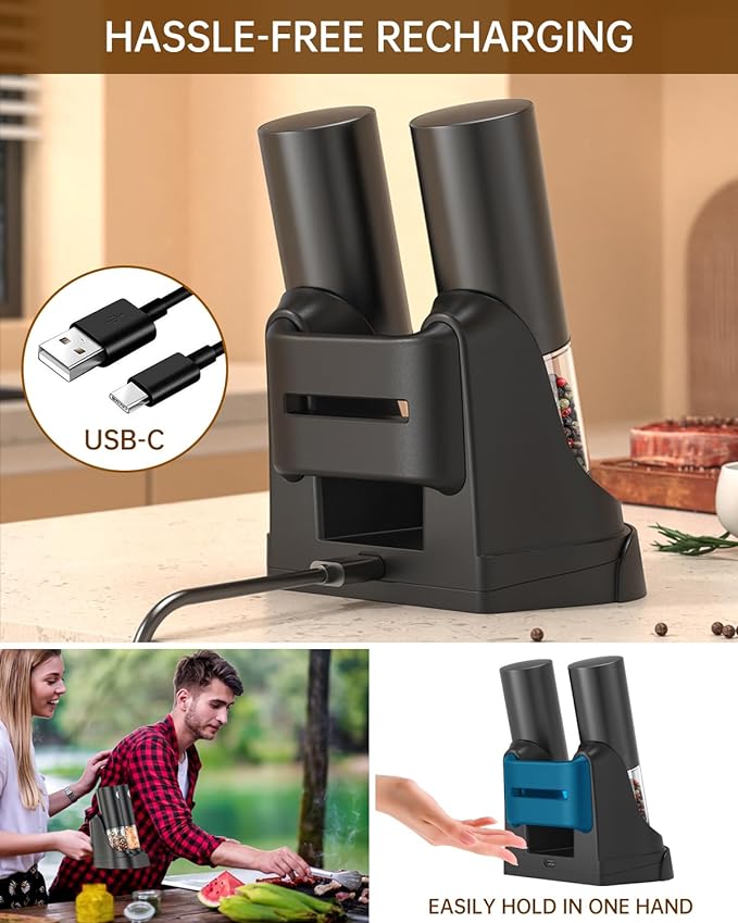 CIRCLE JOY Electric Salt and Pepper Grinder Set Automatic Salt and Pepper Grinder Set with Easy-to-Carry Charging Base and LED Light, USB Rechargeable, Upgrade External Adjustable Coarseness