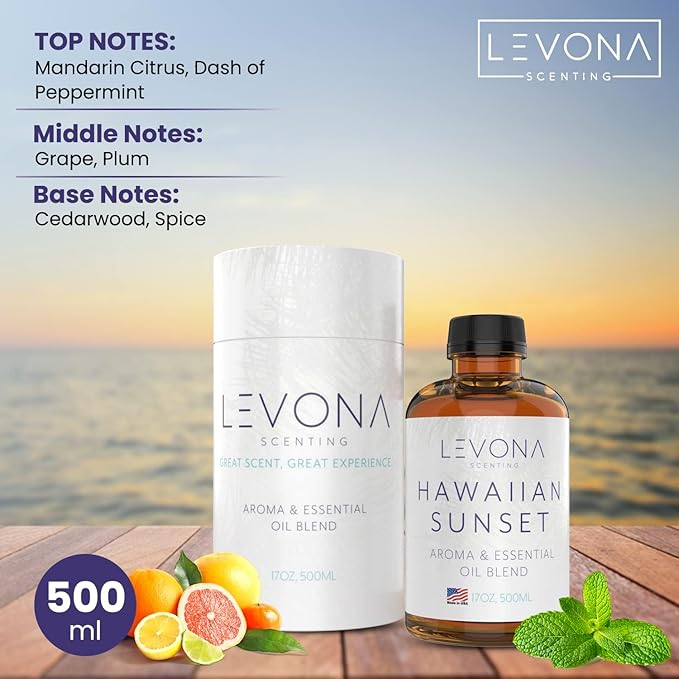 Levona Scent Essential Oil - Fresh Aroma for Home, Office, Hotel & Spa, Perfect in Humidifiers and Diffusers, Luxury Fragrance, with Mandarin Citrus & Grape Notes - 500ml/ 17 fl oz, Hawaiian Sunset