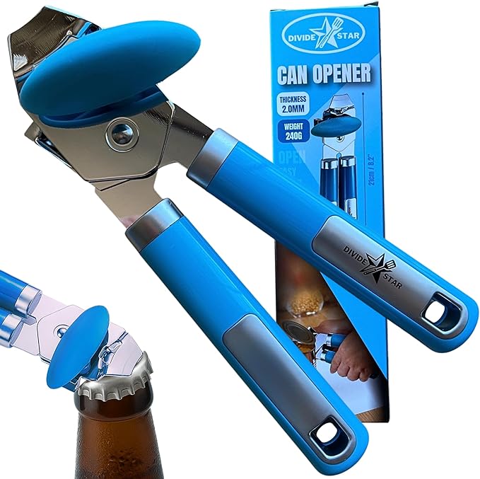 Manual Can Opener for Seniors – Smooth Edge, Easy-Turn Knob, Magnetic Lid Lifter, Heavy-Duty Carbon Steel Blade, Ergonomic Comfort Grip – Blue