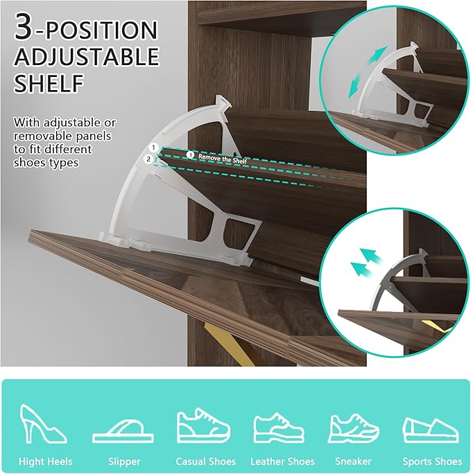Vibe & Dine 4 Flip Drawer Shoe Cabinet, Mid Century Modern Shoe Organizer with Bottom Cubby, Hidden Shoe Cabinet with 2 Hooks, Freestanding Narrow Slim Shoe Rack Cabinet for Entryway, Foyer, Hallway
