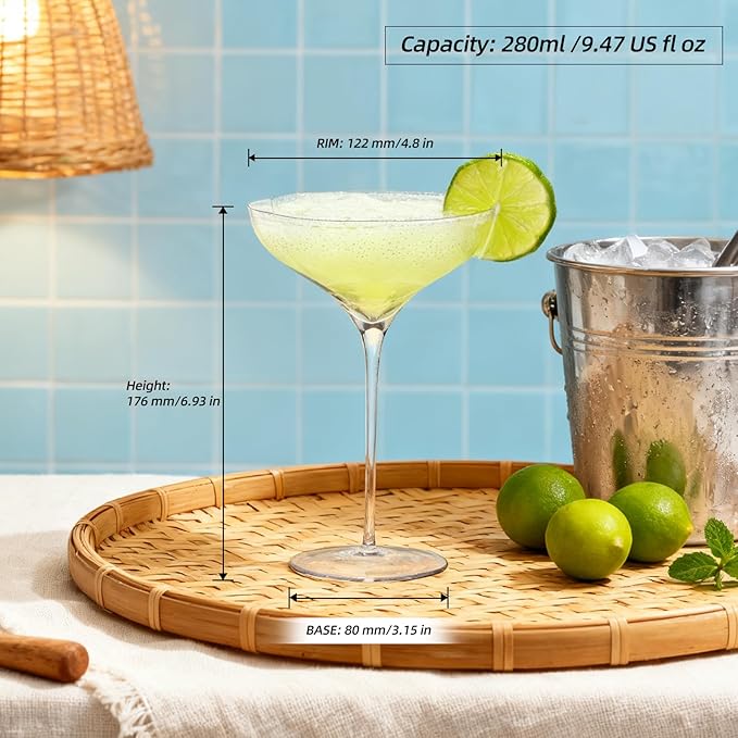 KAMMAK Martini Glasses Set of 2, 9.47 oz Clear Crystal Cocktail Glasses with Stem, Reusable Cocktail Glassware for Wedding Birthday Party, Bar, Margarita, Whiskey, Gin, Tequila, Flower Ice Cream