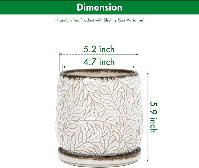 D'vine Dev 5 Inch Embossed Leaves Stoneware Planter Pot with Drainage Hole and Saucer, Smoked White, Set of 2, 27-F-V-1