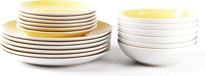 Stoneware Coupe Shape 18pc Dinnerware Set, Outside White + Inside Yellow