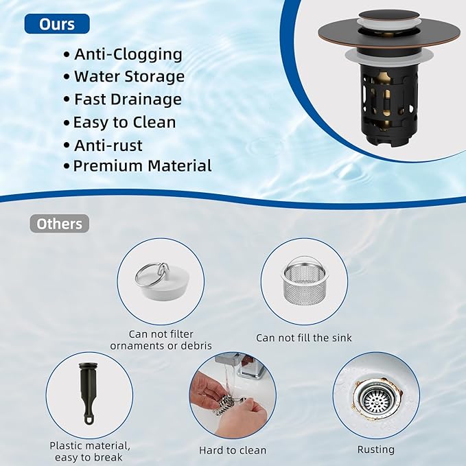 Hibbent 2 Pack 3 in 1 Bathroom Sink Drain Strainer, Pop Up Stopper with Removable Stainless Steel Filter Basket Hair Catcher, Sink Plug for 1.1''~2.36'' Basin, Brass Bullet Core, Oil Rubbed Bronze