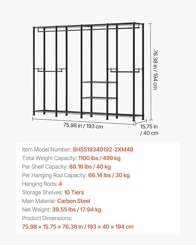 VEVOR Clothing Garment Rack, Heavy Duty Closet Wardrobe, Adjustable Tiers Clothes Racks with Steel Frame, for Bedroom, Clothing Store, Hallway