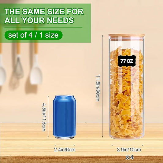 Glass Food Jars with Airtight Bamboo Lids, 77oz Round Glass Canister Set of 4, Pantry Organizers for Cookie Flour Oat Pasta Tea Coffee Bean