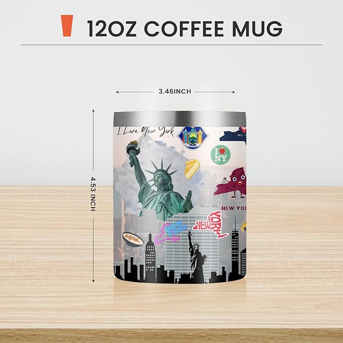12oz Coffee Mug New York State Insulated Coffee Cups, United States Map Travel Mug Landmark, Birthday Gifts Cute Mugs with Lid and Straw Gifts for Mom