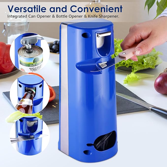 Davivy Electric Can Opener, One Touch Lid Opening, Removable Stainless Steel Cutter and 3-in-1 Design, with Sharpener and Bottle Opener (Blue)