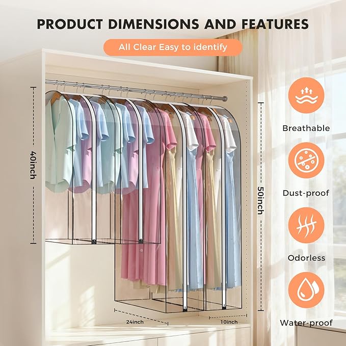 10" Gusseted All Clear Garment Bags for Hanging Clothes 4 Packs 40" Suit Bags for Closet Storage Hanging Clothes Storage Suit Cover for Shirts,Coats, Dresses，Suits