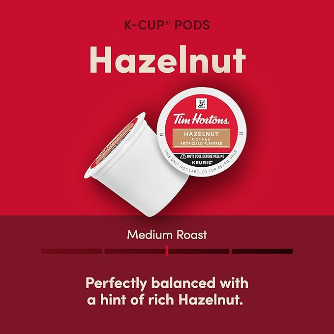 Tim Hortons Hazelnut Flavored, Medium Roast Coffee, Single-Serve K-Cup Pods Compatible with Keurig Brewers, 12ct K-Cups, Red