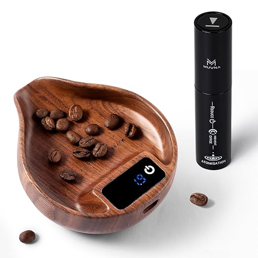 Walnut Coffee Bean Scale and Spray Bottle Kit - MUVNA Mini Rechargeable 0.1 Precision Dosing Tray Walnut Wood with LED Display for Espresso, Tea, Kitchen Spice