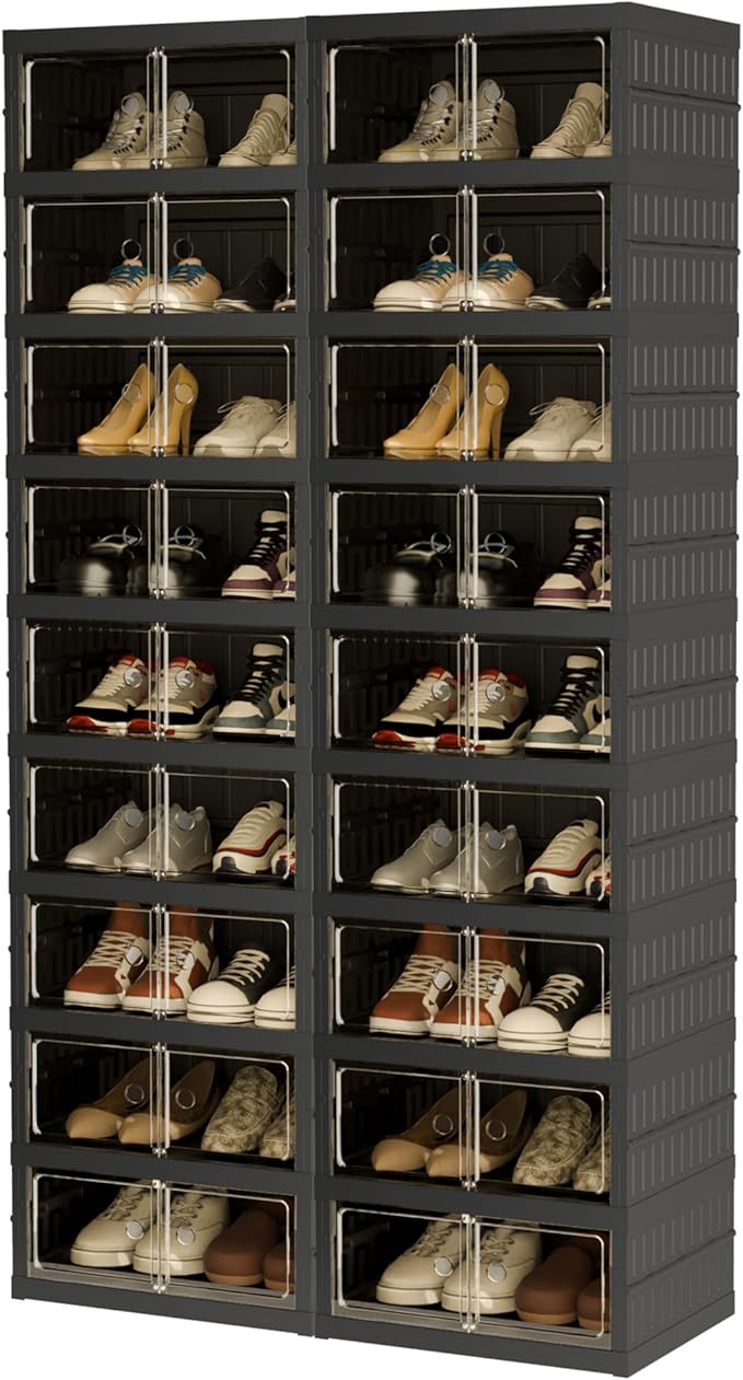 Foldable Shoe Organizer Storage Box Set of 2, Portable Extra Large Folding Shoe Rack for Closet, Shoe Storage Box with Magnetic Transparent Door and Wheels, 9 Layers 18 Grids