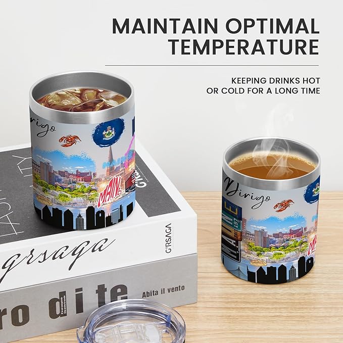 12oz Coffee Mug Maine State Insulated Coffee Cups, United States Map Travel Mug Landmark, Birthday Gifts Cute Mugs with Lid and Straw Mothers Day Gifts