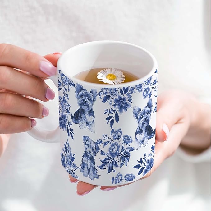 Yorkshire Terrier Blue French Toile Mug, Yorkies Lover Gifts for Women, Blue Chinoiserie Toile Coffee Cup for Yorkshire Terrier Mom, Dog Lovers Tea Coffee Mug Birthday Gifts for Dog Owners, 11oz