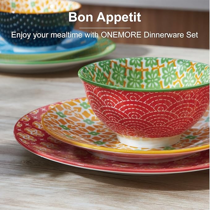 ONEMORE Ceramic Dinnerware Set, 12 Pieces Dish Sets for 4, Porcelain Plates and Bowls Sets, Microwave and Dishwasher Safe, Colorful