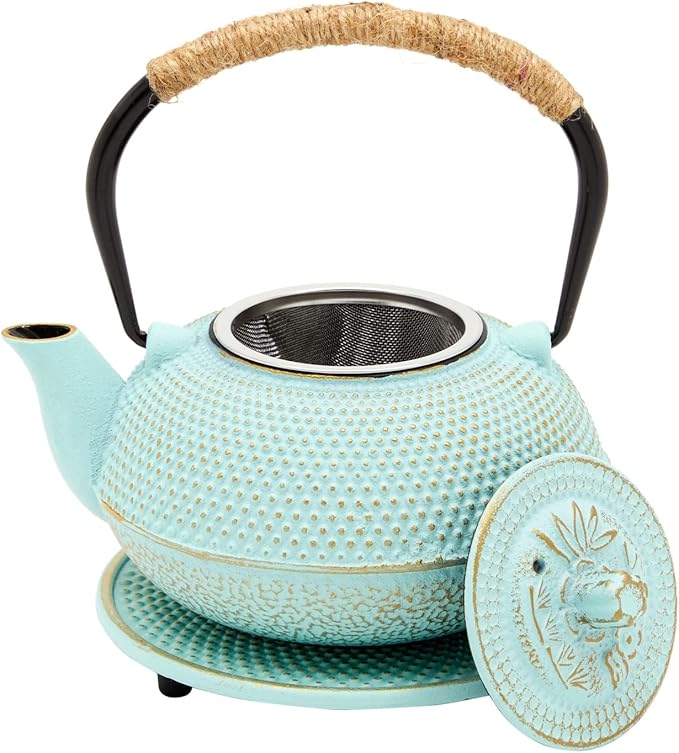 Juvale Cast Iron Tea Kettle with Infuser - Green, 18 oz/500 ml, 3-Piece Set - Teapot for Brewing Loose Leaf Tea - Stovetop Safe Tetsubin Set with Trivet