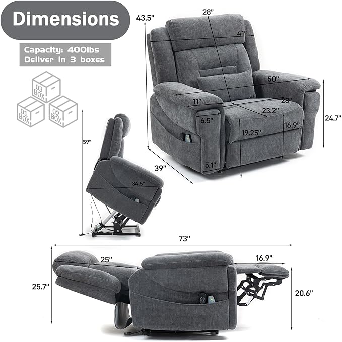 28in Extra Wide Big Man 400lbs Power Lift Recliner Chair for Senior Elderly Adults Lay Flat Lift Recliner with Heat & Massage, Wireless Charging, USB Ports, Cup Holder, Lumbar Pillow
