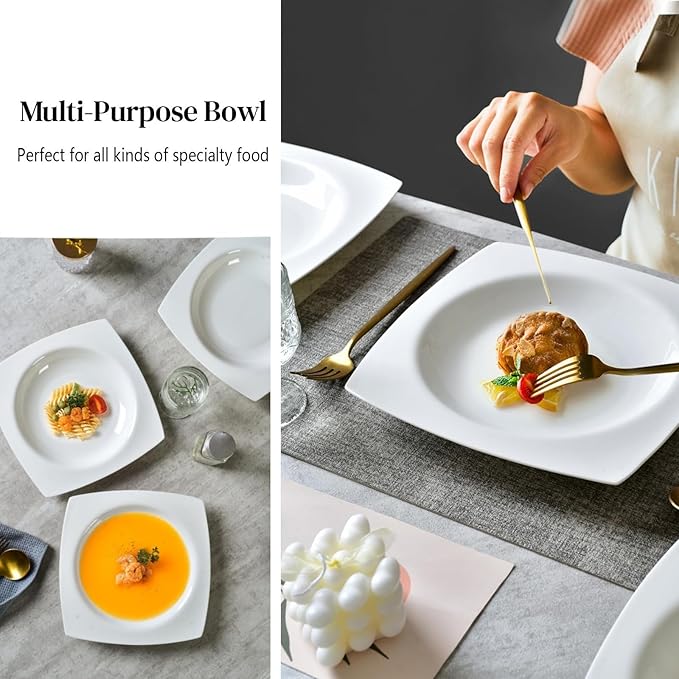 6-piece white bone china dinner plate set, 9.5 inches, square soup plate