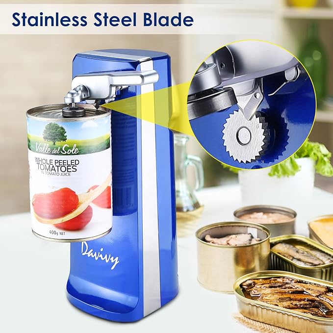 Davivy Electric Can Opener, One Touch Lid Opening, Removable Stainless Steel Cutter and 3-in-1 Design, with Sharpener and Bottle Opener (Blue)