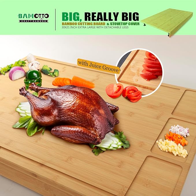 30 x 21 in Extra Large Bamboo Cutting Board and Stovetop Cover, Stove Top Cover Chopping Board with Detachable Legs and Juice Groove, Sink Cover Board, for Restaurant Kitchen Countertop